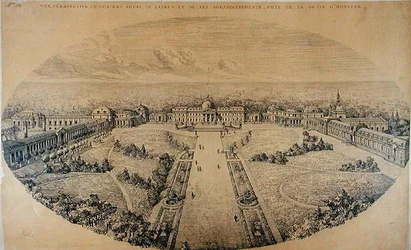 Perspektivische Ansicht des Königspalastes von Laeken und seiner Erweiterungen durch den Architekten Charles Louis Girault (1851-1932)