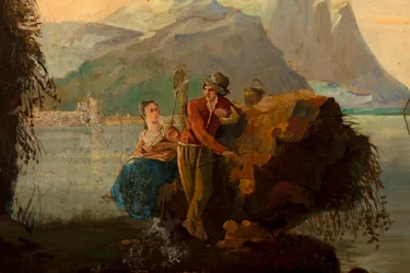 Zweiter Hinterraum, Besprechungsraum, Wandmalereien mit ländlichen Szenen im klassischen Stil, wahrscheinlich um 1810, Szene 5
