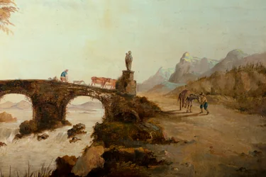 Zweiter Hinterraum, Besprechungsraum, Wandmalereien mit ländlichen Szenen im klassischen Stil, wahrscheinlich um 1810, Szene 1
