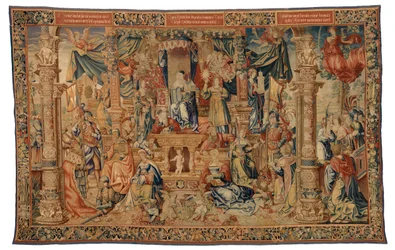 Wandteppich, Der Glaube begrüßt die Helden der Antike, hergestellt in Brüssel, Belgien