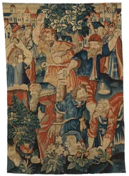 Wandteppichfragment, das die Steinigung der Ältesten darstellt, möglicherweise in Brüssel, Belgien hergestellt