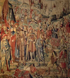 Tapisserie von David und Bathseba: die Waffen von Joab. Tapisserie nach einer Zeichnung von Jan Van Roome, hergestellt in den Werkstätten von Brüssel. 16. Jahrhundert