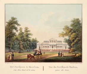 Het Paviljoen te Jaarlem, van den Hout af te zien. Vue du Pavillon de Harlem, prise du Bois, 1825 (handkolorierte Gravur)