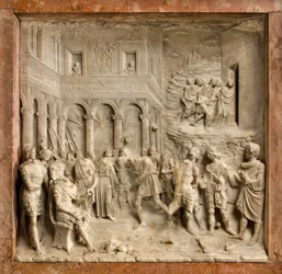 Krypta, Arche der Heiligen Marcellinus und Peter Exorzist, Benedetto Briosco 1506-08, Santi Mercellino und Peter vor dem Richter