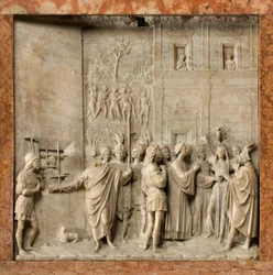 Krypta, Arche der Heiligen Marcellinus und Peter Exorzist, Benedikt Briosco 1506-08, Heiliger Petrus befreit Pauline vom Dämon