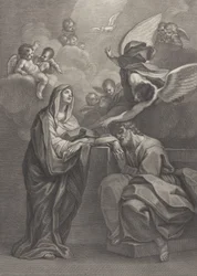 Tafel 6: Traum des heiligen Joseph, mit der Jungfrau Maria links und einem Engel oben, der zeigt