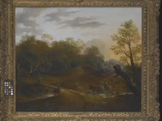 Ponykutsche überquert einen Waldfluss