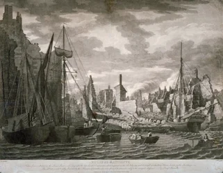 Ansicht des Ratcliffe-Gebiets, London, zeigt die Ruinen nach dem Brand vom 23. Juli 1794