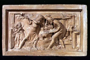 Männer arbeiten an einem Amboss, Plakette