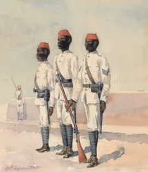 Sergeant und zwei andere Ränge vom 10. Sudanesen-Bataillon, ca. 1889