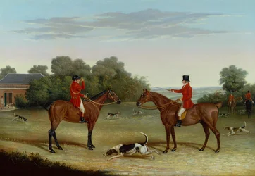 Der Meister mit Hunden vor den Zwingern