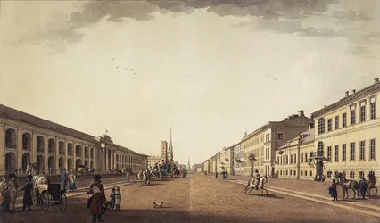 Blick auf den Newski-Prospekt in der Nähe des Gostiny Dvor in Sankt Petersburg, 1799