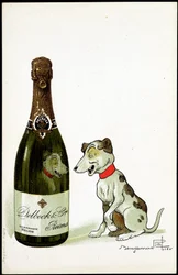 Pappe für Champagner Delbeck et Cie, Reims, Illustration von Benjamin Rabier, frühes 20. Jahrhundert
