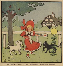 Karikatur eines Mädchens zwischen ihrem Hund mit einem Knochen und ihrer Katze mit einer Maus