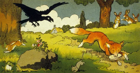 La Fontaines Fabel: Der Rabe und der Fuchs (Illustration 1949)