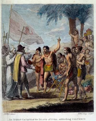 Ein indianischer Kazike von der Insel Kuba begrüßt Christoph Kolumbus und europäische Vertreter