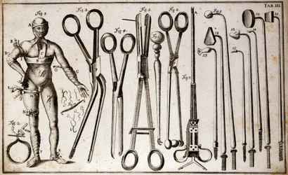 Verschiedene Arten von Zangen und chirurgischen Instrumenten. Ein Mann trägt verschiedene Arten von Tourniquets und Verbänden. Tafel der Chirurgie illustriert von Benoist Louis Prevost (1735-1809). 18. Jahrhundert