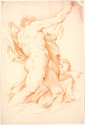 Poseidon stehend mit erhobenem Dreizack und eine Nereide