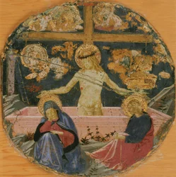 Der Mann der Schmerzen mit der trauernden Jungfrau, dem heiligen Johannes dem Evangelisten und Symbolen der Passion, um 1447