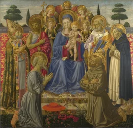 Madonna mit Kind umgeben von Engeln und Heiligen