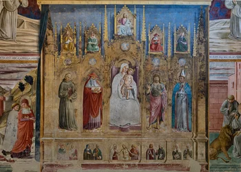Ein falsches Polyptychon mit der Jungfrau Maria und dem Kind, St. Antonius von Padua, St. Hieronymus, St. Johannes und St. Ludwig von Toulouse, Kapelle des St. Hieronymus