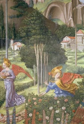 Engel, der Blumen in einer himmlischen Landschaft sammelt, Detail aus dem Zyklus der Reise der Heiligen Drei Könige in der Kapelle, ca. 1460 (Detail)
