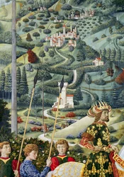 Fantastische Landschaft, Detail aus dem Zyklus der Reise der Heiligen Drei Könige in der Kapelle, ca. 1460