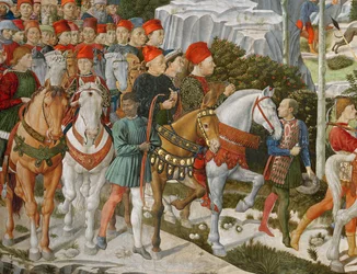 Galeazzo Maria Sforza, Herzog von Mailand (1444-76), ganz links, auf einem braunen Pferd und Sigismondo Pandolfo Malatesta, Herrscher von Rimini (1417-68) neben ihm auf einem grauen Pferd, (Detail)