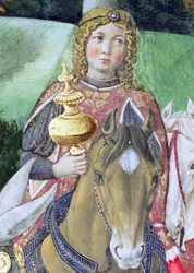 Reiter im königlichen Gefolge, Detail aus dem Zyklus der Reise der Heiligen Drei Könige in der Kapelle, ca. 1460