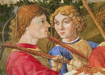 Zug der Heiligen Drei Könige, angeführt von Lorenzo dem Prächtigen in der Gestalt des Königs Kaspar, Detail der Köpfe zweier Armbrustschützen, 1459-1462