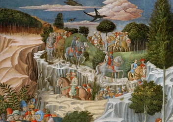 Prozession zu Pferd, die einen Hügel hinabsteigt, Detail aus dem Zyklus der Reise der Heiligen Drei Könige in der Kapelle, ca. 1460 (Detail)