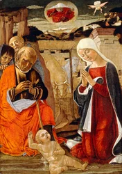 Die Geburt Christi, mit der Verkündigung an die Hirten im Hintergrund