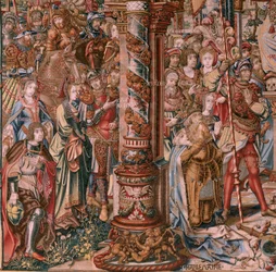 Flämischer Wandteppich. Serie Die Ehren. Glaube. Erster Wandteppich der Serie. Modell Zeichner aus dem Kreis von Bernard van Orley und Jan Gossaert. Herstellung Pieter van Aelst, Brüssel. Ca. 1550