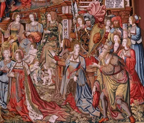 Flämischer Wandteppich. Serie Die Ehren. Gerechtigkeit. Neunter Wandteppich der Serie. Modell Zeichner aus dem Kreis von Bernard van Orley und Jan Gossaert. Herstellung Pieter van Aelst, Brüssel. Ca. 1550