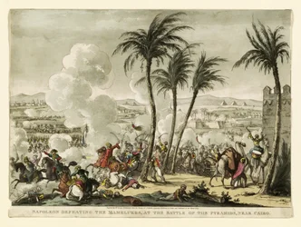 Napoleon besiegt die Mameluken in der Schlacht bei den Pyramiden, nahe Kairo, graviert von George Cruikshank, 1823