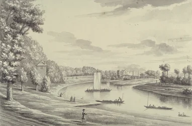 Westansicht der Hampton Court Fähre und der Hampton Kirche in der Ferne, 1731-33