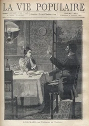 Eine Frau hört liebevoll und bewundernd der Rede des Mannes zu, der ihr bei einem Abendessen als Paar gegenübersitzt. Illustration von B. Borione von 