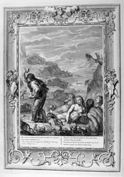 Deukalion überlebt die Sintflut mit seiner Frau Pyrrha (Gravur)