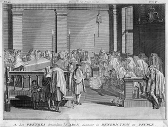 Hohepriester Israels, die zu den jüdischen Priesterfamilien gehören, die ihre väterliche Linie auf Aaron zurückführen, geben dem jüdischen Volk ihren Segen. Gravur aus 