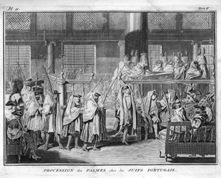 Judentum: Prozession der Palmen, gefeiert in der jüdisch-portugiesischen Gemeinde Gravur aus „Illustration de cérémonies et coutumes religieuses de tous les peuples du monde“ von Bernard Picart (1723-1743) 1819 Privatsammlung