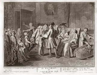 Judentum: die Tradition der Erlösung des erstgeborenen Sohnes, eine Mitzwa im Judentum, bei der ein jüdischer Erstgeborener durch Silbermünzen aus seinem Geburtszustand der Heiligkeit erlöst wird) Gravur aus "Illustration der Zeremonien und religiösen Bräu