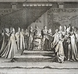 Feierliche Amtseinführung des Pontifikats: „Darstellung der Krönung des Papstes“ (päpstliche Amtseinführung: die Krönung des Papstes). Stich aus „Darstellung der Zeremonien und religiösen Bräuche aller Völker der Welt“ von Bernard Picart (1723-1743).
