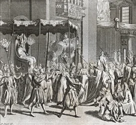 Feierliche Inauguration des Pontifikats: das Verbrennen eines Tuchs) Gravur aus „Illustration de cérémonies et coutumes religieuses de tous les peuples du monde“ von Bernard Picart (1723-1743) 1819 Privatsammlung