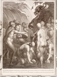 Die Danaiden, verurteilt, durchlöcherte Gefäße mit Wasser zu füllen, 1730