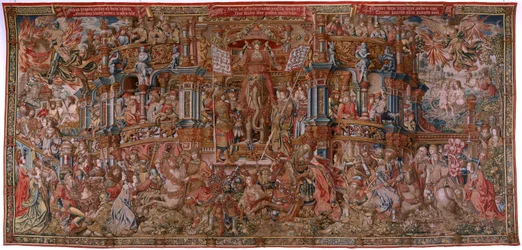 Flämischer Wandteppich. Serie Die Ehren. Ruhm (La Fama). Dritter Wandteppich in der Serie. Modell Zeichner aus dem Kreis von Bernard van Orley und Jan Gossaert (Mabuse). Herstellung Pieter van Aelst, Brüssel. Ca 1550. Stoff Gold, Silber, Seide und Wolle.