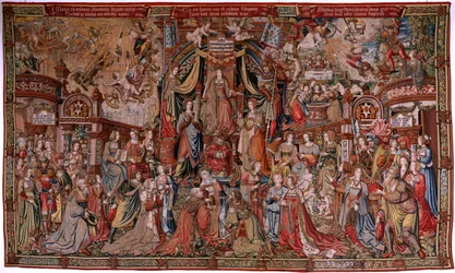 Flämischer Wandteppich. Serie Die Ehren. Gerechtigkeit (La Justicia, Los Honores). Neunter Wandteppich der Serie. Modell Zeichner aus dem Kreis von Bernard van Orley und Jan Gossaert (Mabuse). Herstellung Pieter van Aelst, Brüssel. Ca 1550. Stoff Gold, Sil