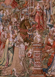 Flämischer Wandteppich. Serie Die Ehren. Klugheit. Siebter Wandteppich der Serie. Modell von Zeichnern aus dem Kreis von Bernard van Orley und Jan Gossaert (Mabuse). Herstellung Pieter van Aelst, Brüssel. Ca. 1550. Stoff Gold, Silber, Seide und Wolle.