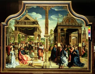 St. Thomas und St. Matthäus Altarbild, Mitteltafel des Triptychons, das Szenen aus dem Leben der beiden Heiligen einschließlich des Martyriums von St. Thomas darstellt, ca. 1515
