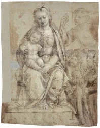 Madonna mit Kind, ein Kriegerheiliger (Michael?) und eine Gruppe von Anbetern