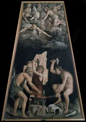 Göttliche Waffen geschmiedet in der Schmiede des Vulkans vor einigen Engeln, Detail